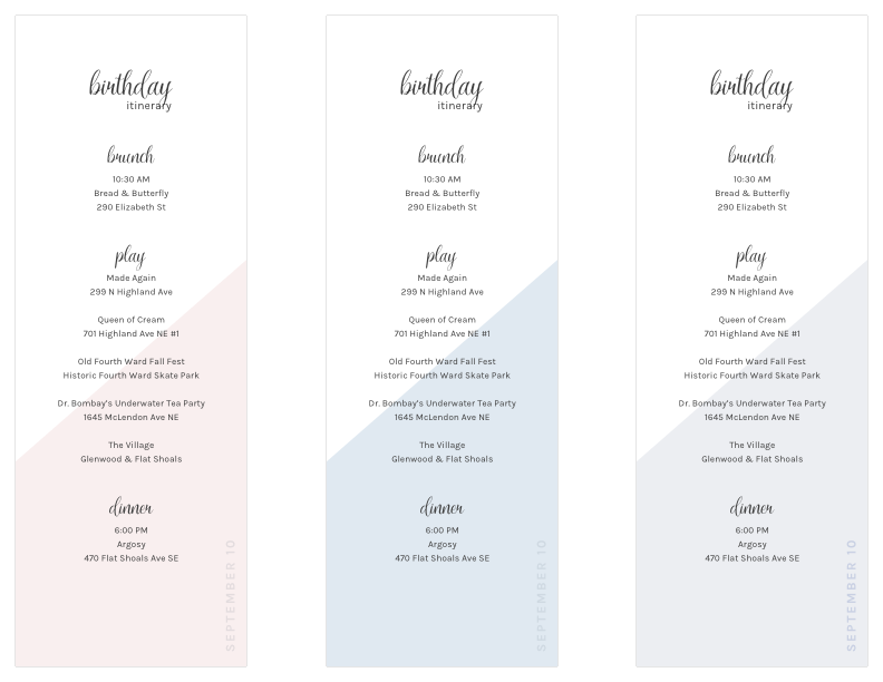 A birthday schedule in three colors.